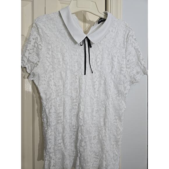 Karl Lagerfeld white lace pullover knit top black ribbon bow collared Lg - Picture 1 of 9
